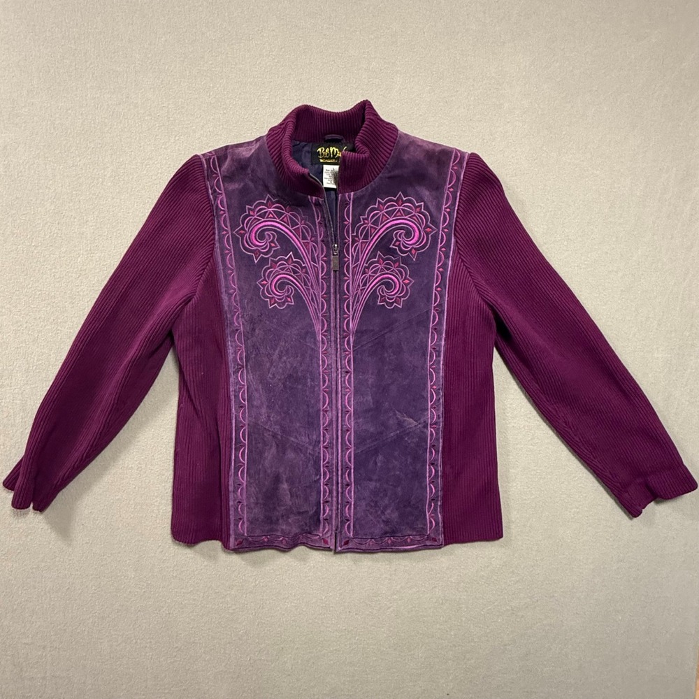 Vintage Bob Mackie Wearable Art Artistic Suede Leather Zip Up Jacket Women Large